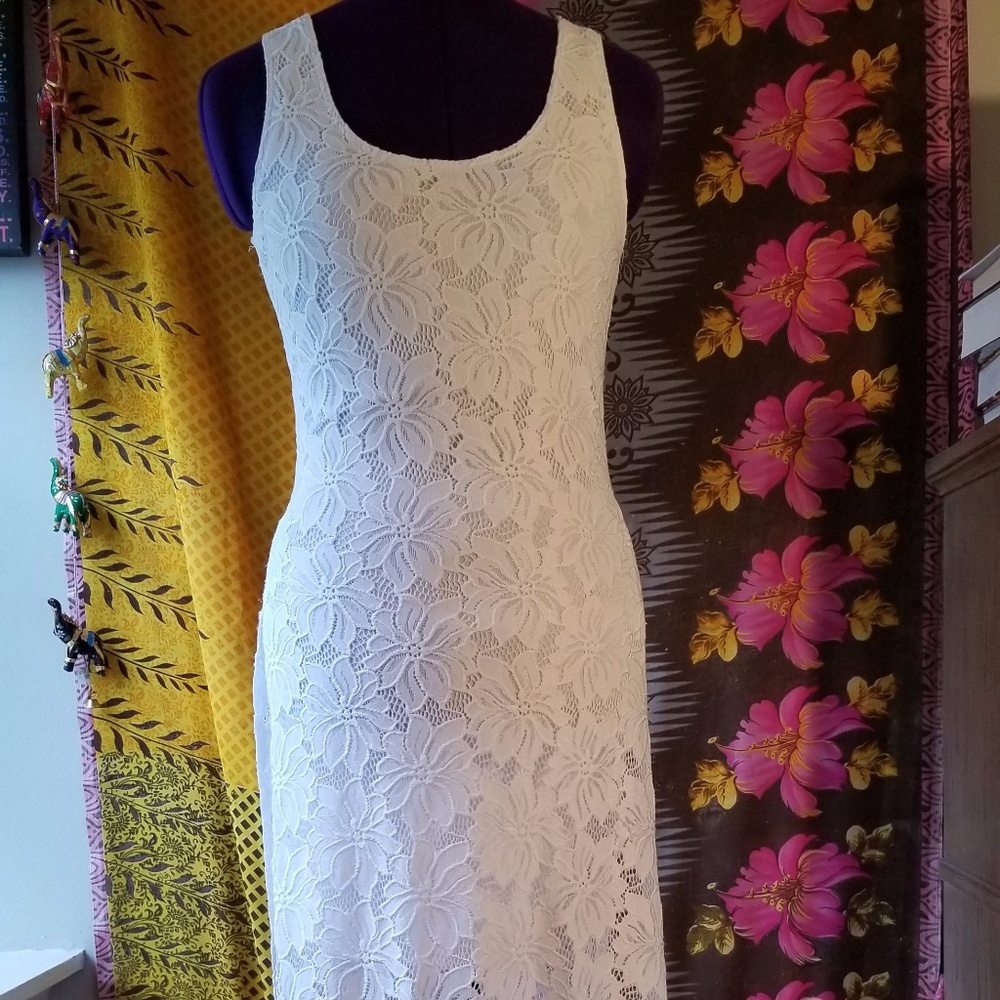 Floor Length, White, Lacey, High-Slit Dress